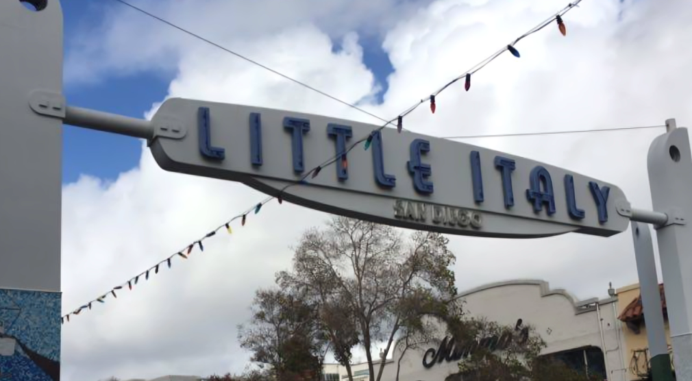 Little Italy sign with cloudy sky background.