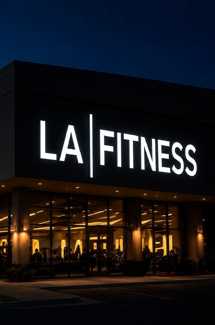 LA Fitness gym exterior at night.