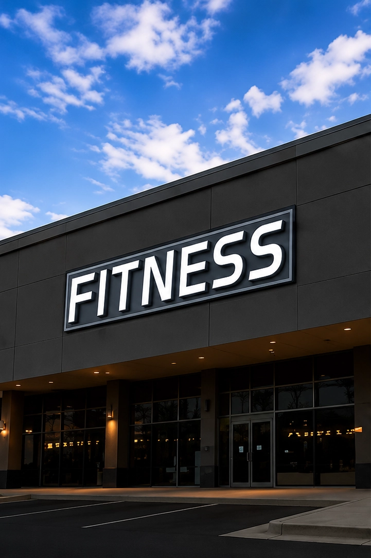 Fitness center exterior under blue sky.