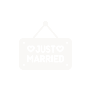 Just Married sign with heart symbols.